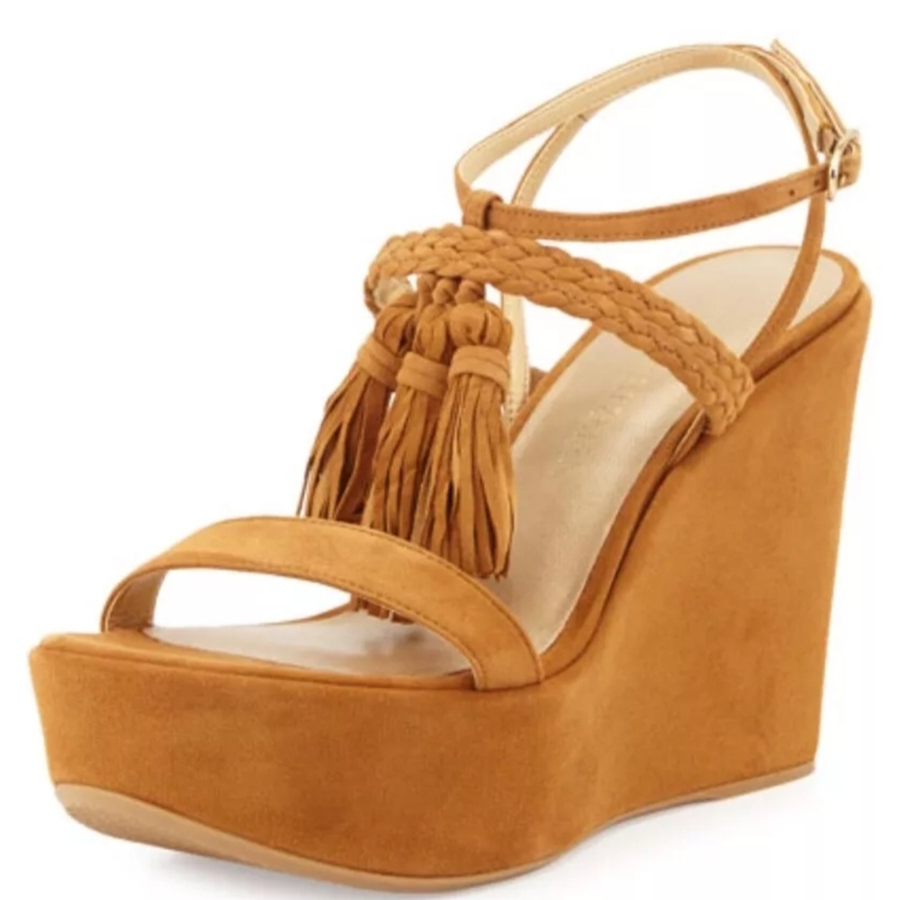 Stuart Weitzman Tan Suede Wedge Sandals With Ankle Strap